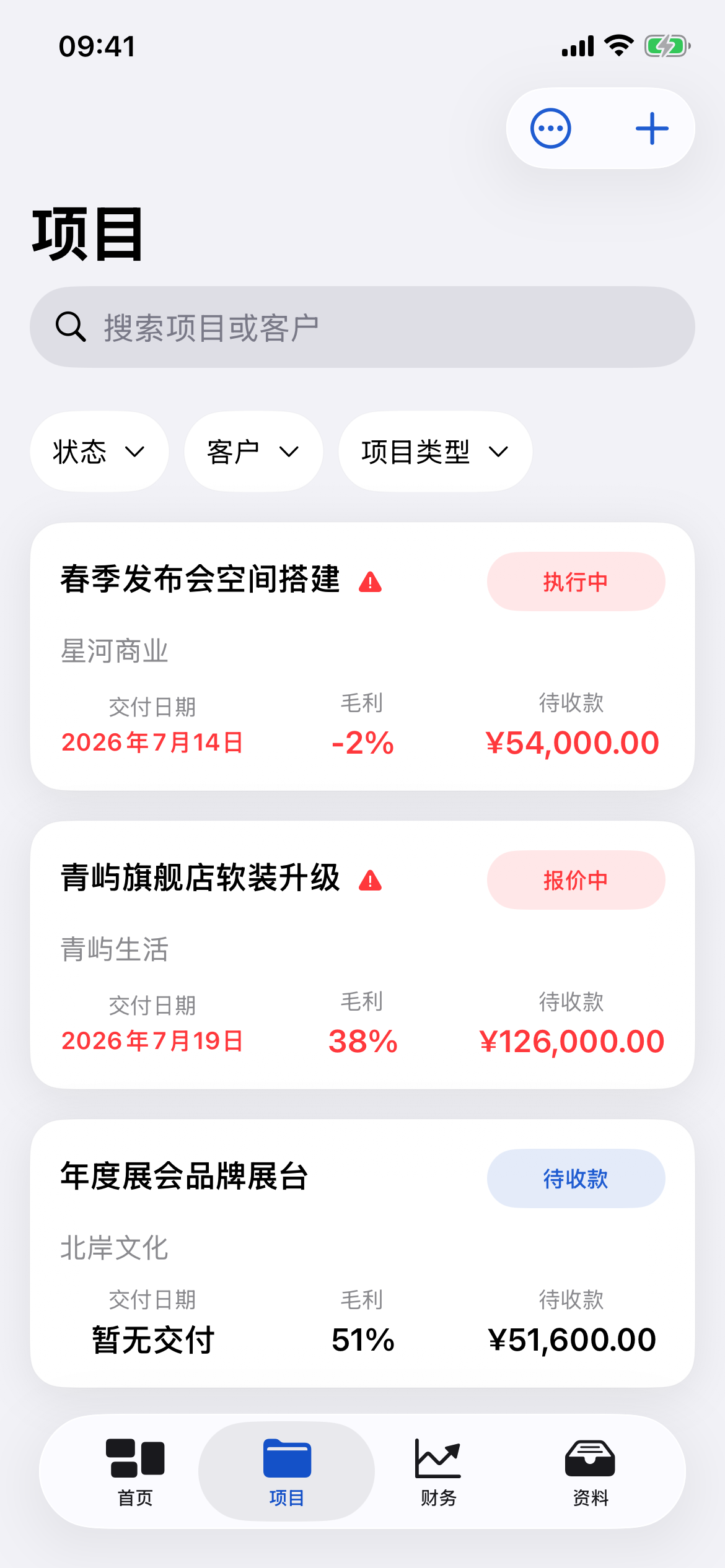 乙方GO早期开发版项目列表,使用演示数据
